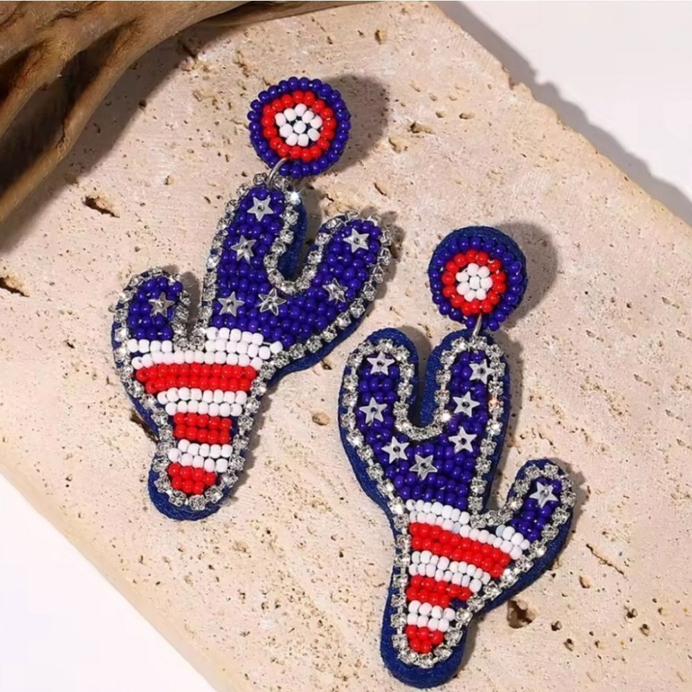 New Patriotic Beaded Cactus 4th Of July Independace Day Earrings - Picture 2 of 8